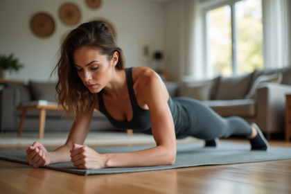 Femme faisant une planche dans un salon moderne