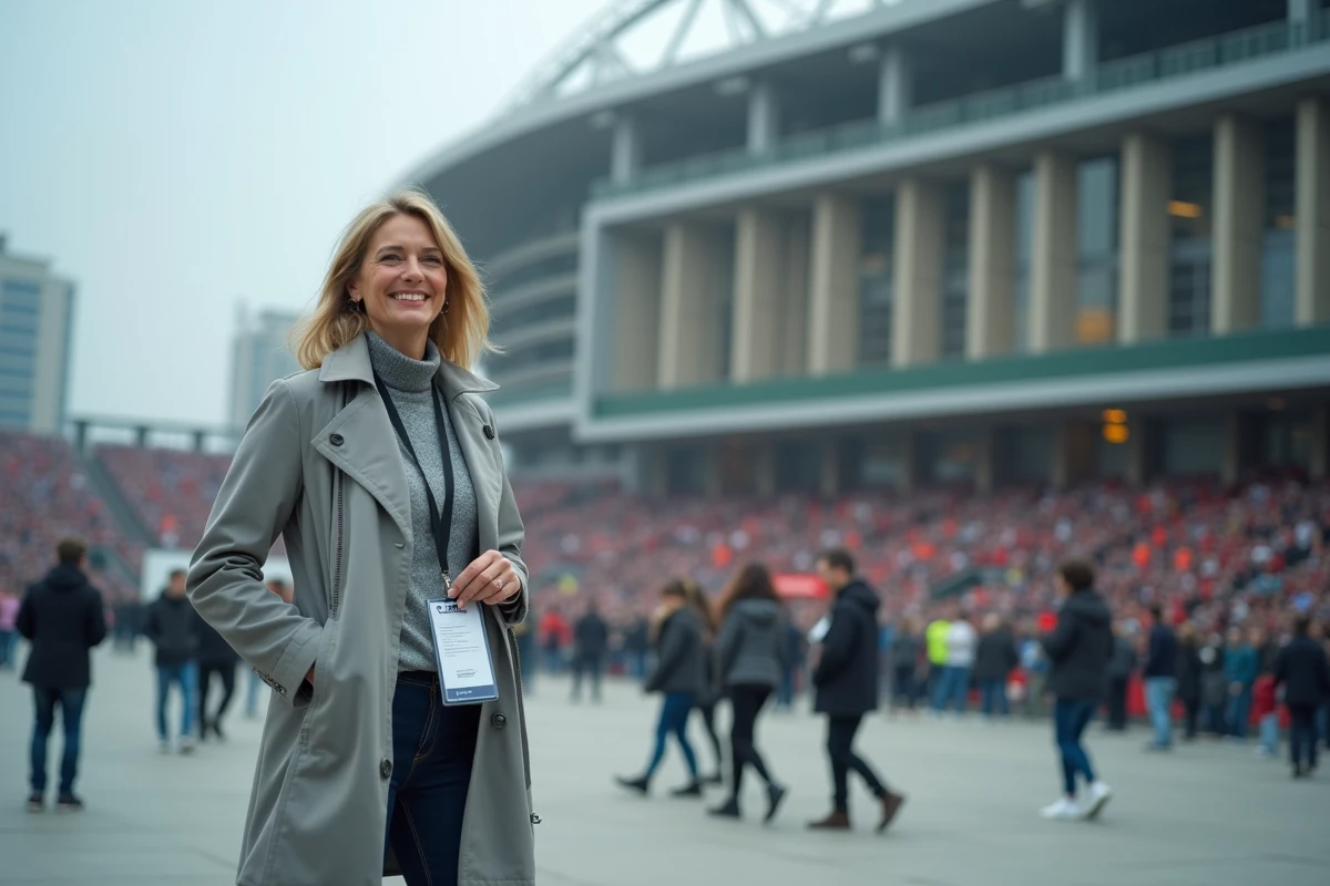 Femme de journaliste sportive devant un stade de football, évoquant l'univers professionnel d'universfootball.fr