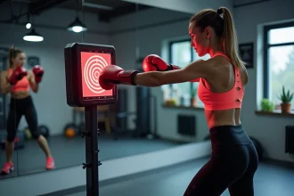 Femme s'entraînant sur une machine à boxe musicale avec cibles lumineuses dans une salle de sport moderne