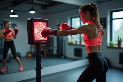 Femme s'entraînant sur une machine à boxe musicale avec cibles lumineuses dans une salle de sport moderne