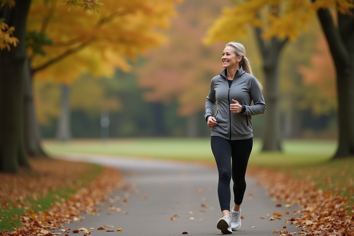 Femme active marche dans un parc automnal