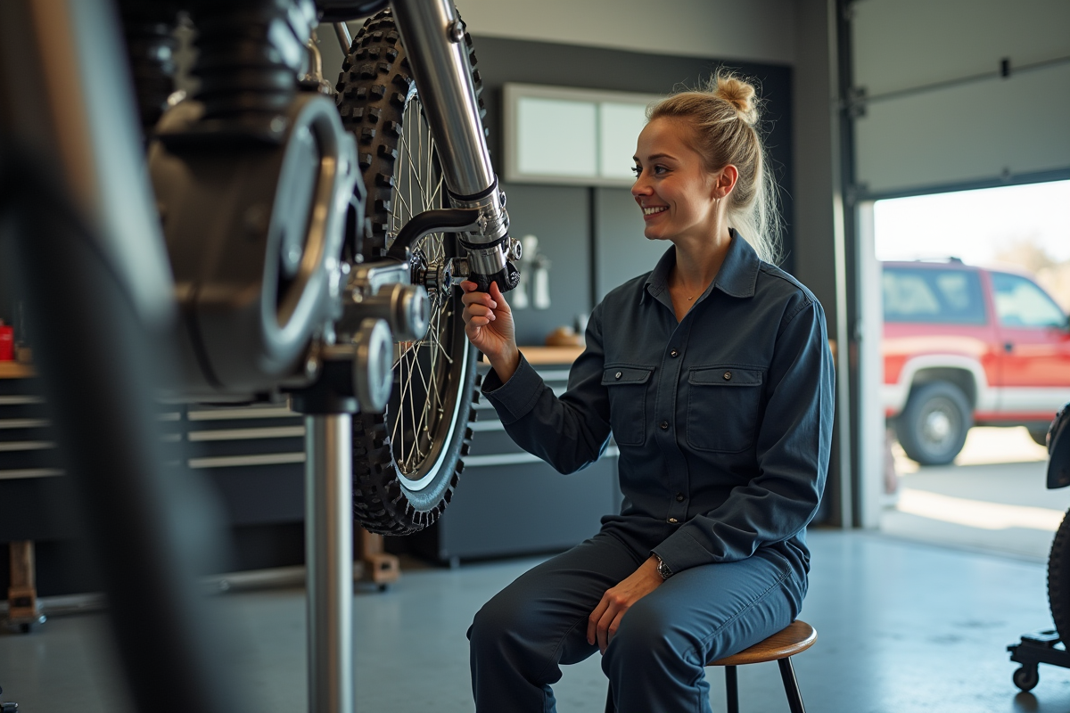 Femme mécanicienne comparant deux stocks de dirt bike 125cc en garage
