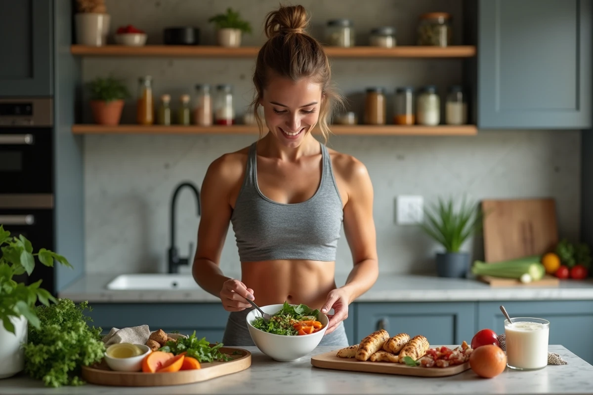 Femme sportive préparant un repas sain dans la cuisine
