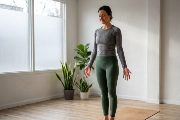 Femme reprenant confiance en son corps lors d'une séance de yoga encadrée dans un studio minimaliste
