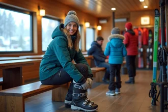 Femme souriante en ski préparant ses bottes au resort