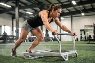 Femme athlétique poussant un sled lourd sur un terrain en gazon synthétique dans une salle de fitness fonctionnelle, exercice cardio style Hyrox