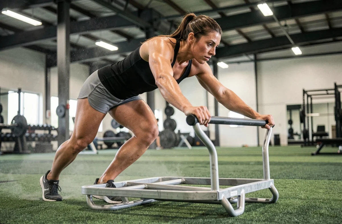 Femme athlétique poussant un sled lourd sur un terrain en gazon synthétique dans une salle de fitness fonctionnelle, exercice cardio style Hyrox