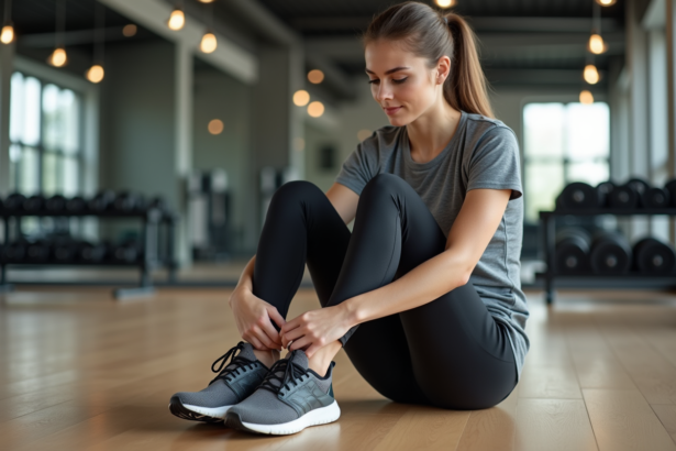 Jeune femme en sport s'attachant ses chaussures dans un studio