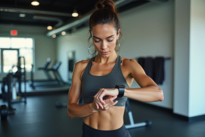 Femme sportive vérifiant sa montre fitness en salle