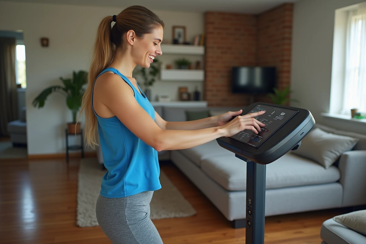 Femme utilisant machine de boxe musicale à la maison