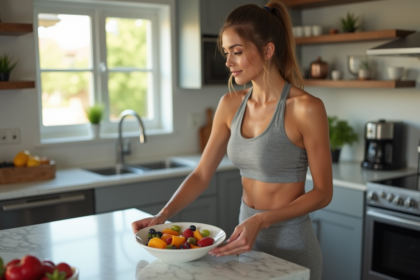 Femme sportive préparant un bol de fruits et yogurt