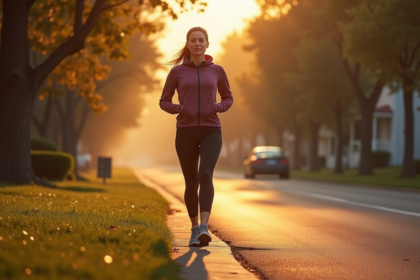Femme en tenue de sport marchant au matin dans un quartier calme