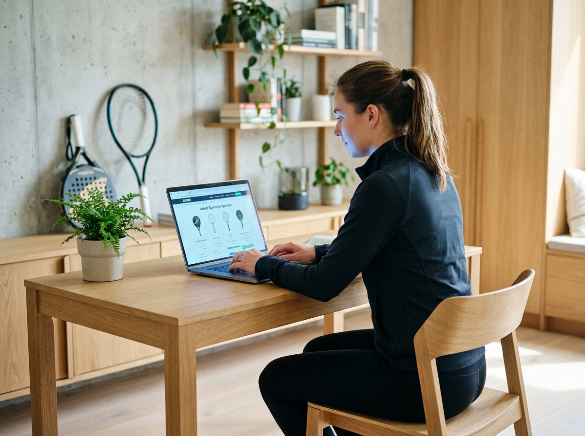 Femme sportive recherchant des raquettes sur un site spécialisé depuis son appartement