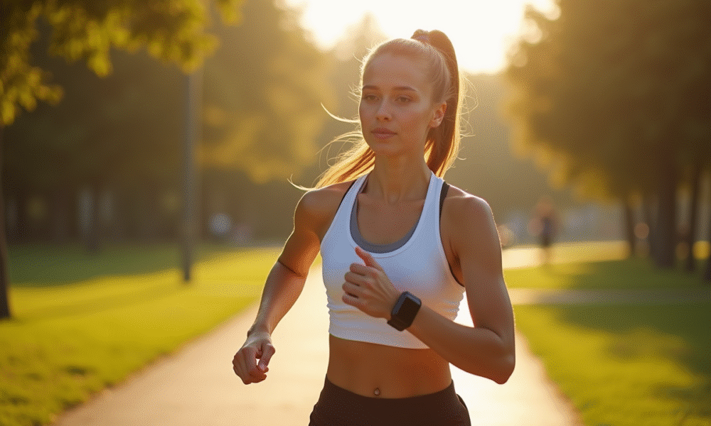 Jeune femme en tenue de sport marche dans un parc urbain ensoleille