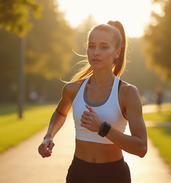 Jeune femme en tenue de sport marche dans un parc urbain ensoleille