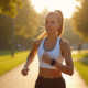 Jeune femme en tenue de sport marche dans un parc urbain ensoleille