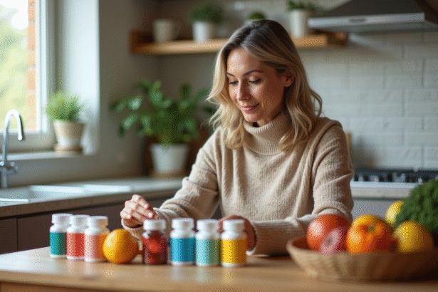 Femme en intérieur examine des suppléments et fruits frais