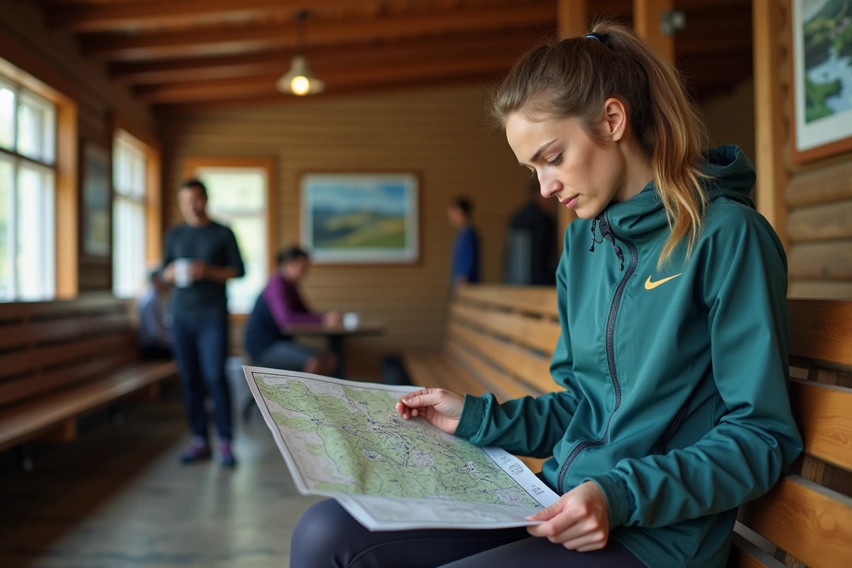 Jeune femme consulte une carte de course en intérieur