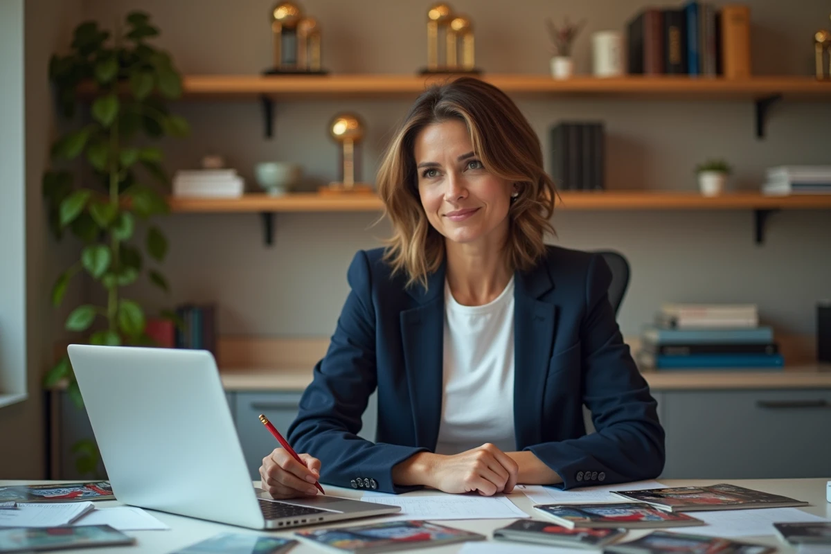 Femme assise à un bureau entouré de magazines de football, illustrant la vie privée d'une personnalité liée à universfootball.fr