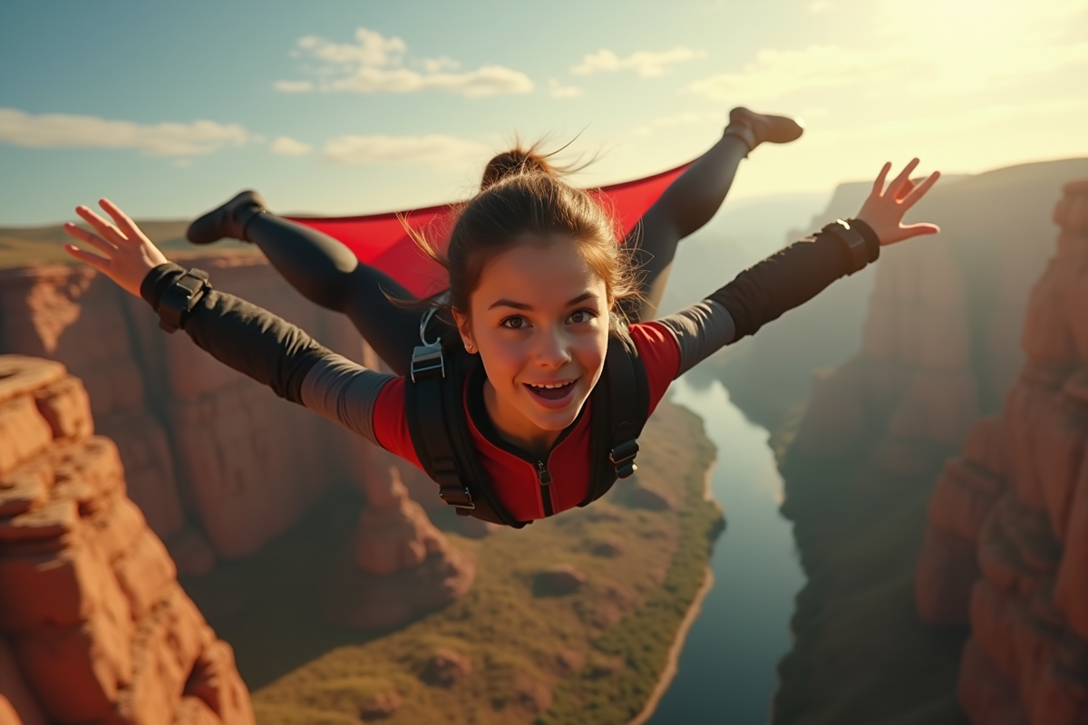 Jeune femme en wingsuit survolant un canyon ensoleille