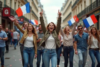 Groupe de jeunes et adultes célébrant dans Paris avec drapeaux français