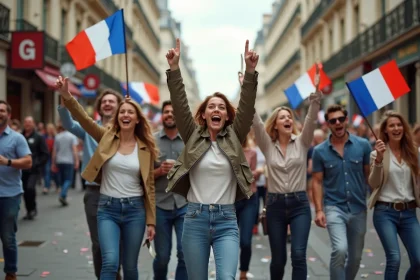 Groupe de jeunes et adultes célébrant dans Paris avec drapeaux français