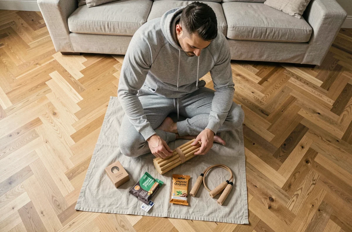 Flat-lay éditorial d'un calendrier de l'Avent sportif éco-responsable avec accessoires fitness durables en bambou et liège sur parquet en chêne