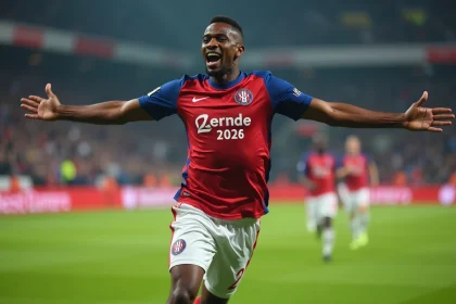 Footballeur de Ligue 1 célèbre après un but en pleine action