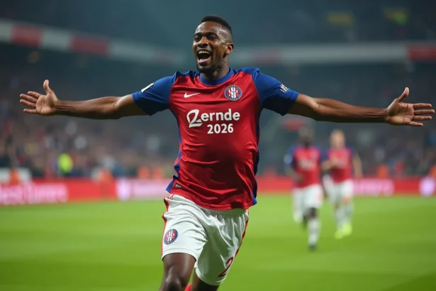 Footballeur de Ligue 1 célèbre après un but en pleine action