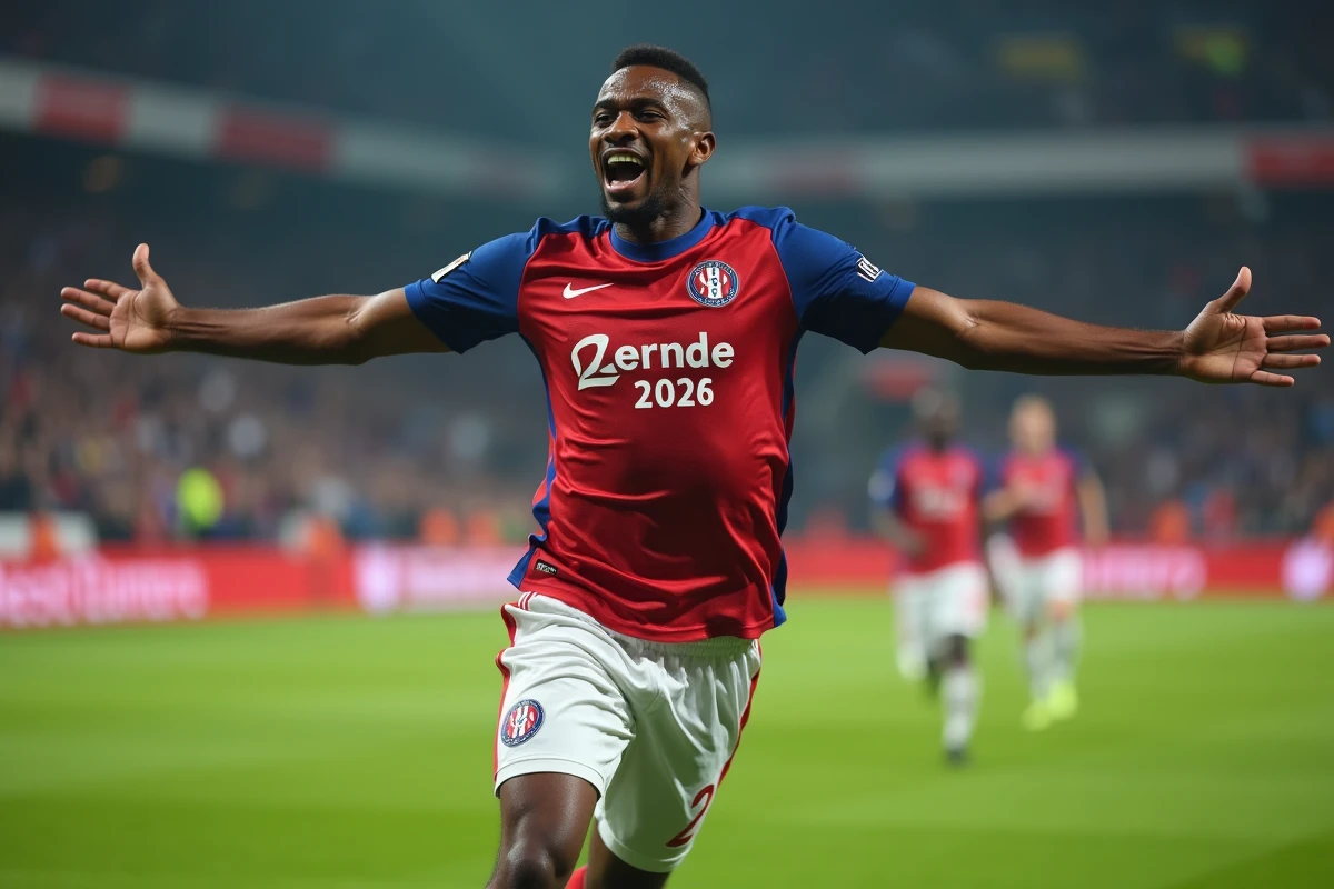 Footballeur de Ligue 1 célèbre après un but en pleine action