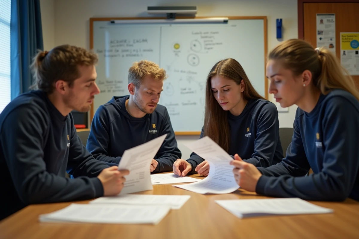 Stagiaires arbitres du Comité Drôme Ardèche Football en formation théorique autour d'une table avec les règles du jeu