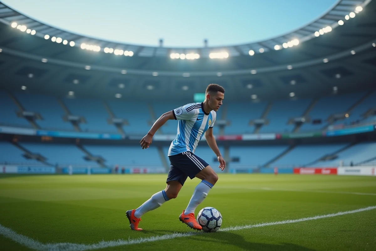 Jeune joueur argentin s'entraînant seul sur le terrain d'un stade vide sous une atmosphère crépusculaire évoquant le futur de l'Albiceleste sans Messi