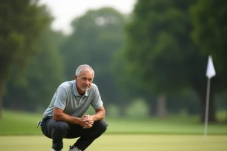 Golfeur accroupi sur le green analysant la pente du parcours avant un putt, illustration des erreurs de putting au golf