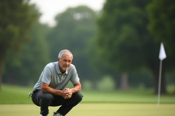 Golfeur accroupi sur le green analysant la pente du parcours avant un putt, illustration des erreurs de putting au golf