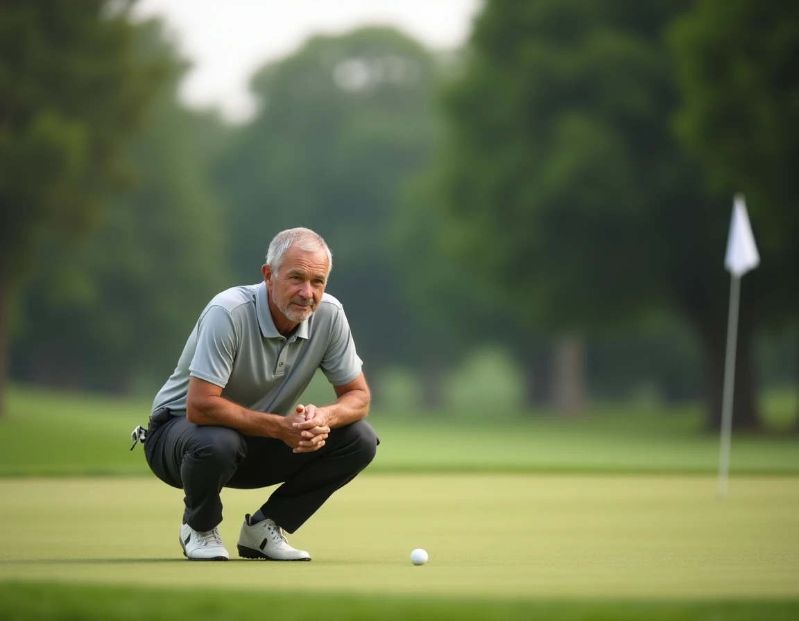 Golfeur accroupi sur le green analysant la pente du parcours avant un putt, illustration des erreurs de putting au golf