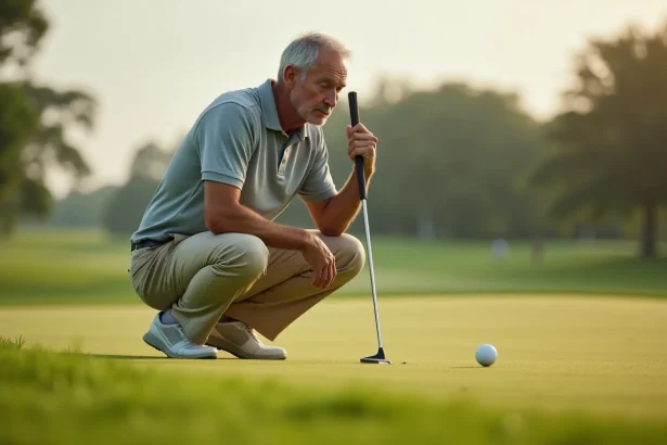 Golfeur lisant la pente sur un putting green avant d'effectuer un putt