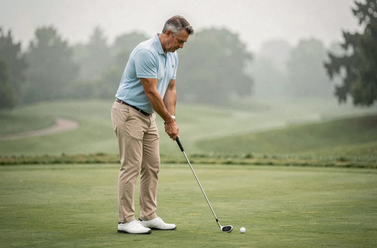 Golfeur adulte en polo bleu préparant un coup de wedge à 50 mètres sur un fairway verdoyant