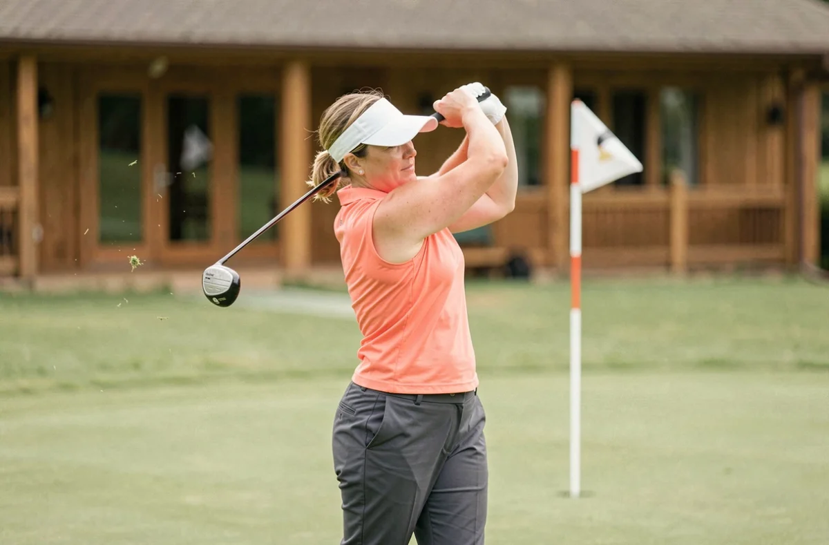 Golfeuse en plein swing de wedge à 30 mètres près d'un green d'entraînement avec drapeau visible
