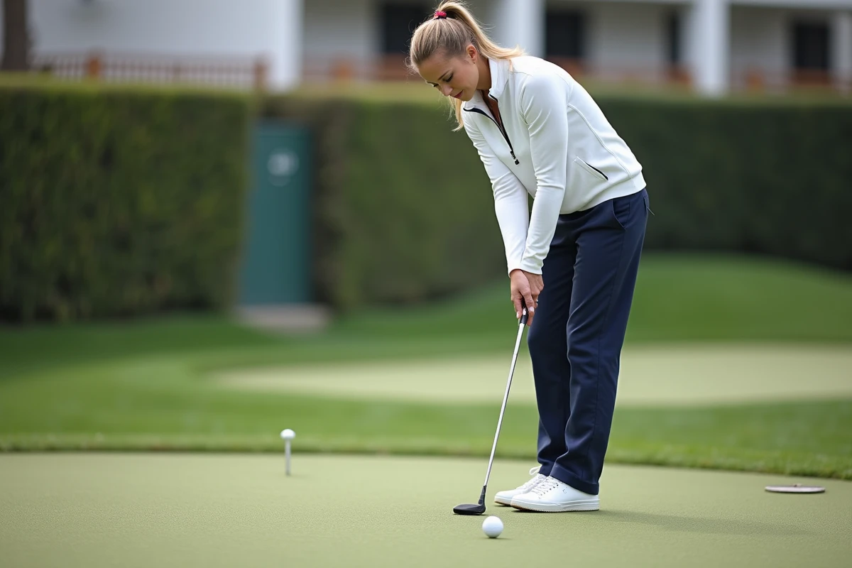 Golfeuse en posture de putting sur un green d'entraînement avec putter aligné