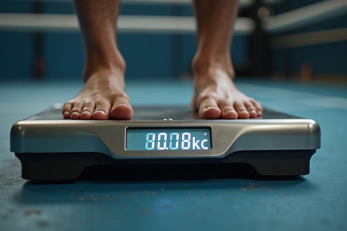 Gros plan sur une balance numérique officielle affichant le poids lors d'une pesée de boxe
