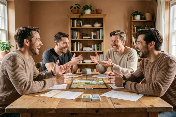 Groupe d'amis jouant au Petit Bac autour d'une table en bois, riant et remplissant des feuilles de score lors d'une soirée jeux