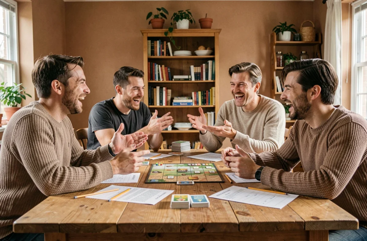 Groupe d'amis jouant au Petit Bac autour d'une table en bois, riant et remplissant des feuilles de score lors d'une soirée jeux