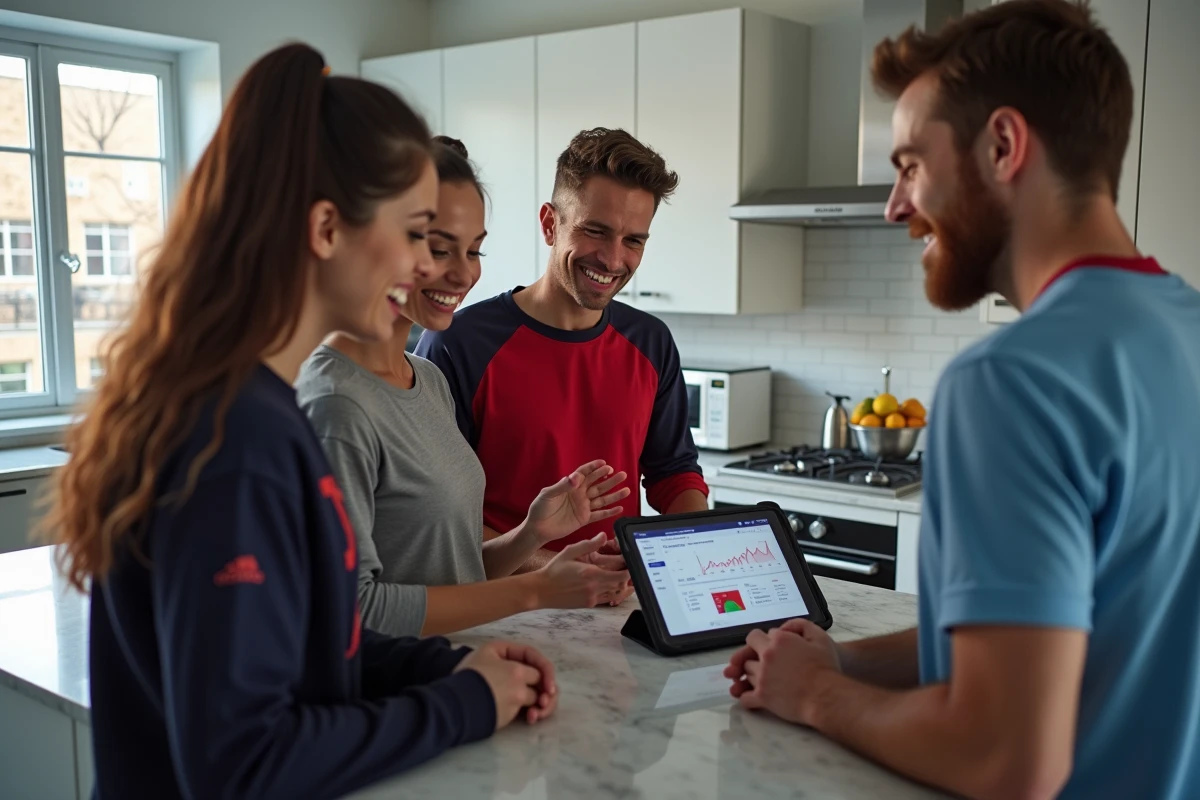 Groupe d'amis fans de sport discutant autour d'une tablette affichant des données sportives en temps réel dans une cuisine moderne