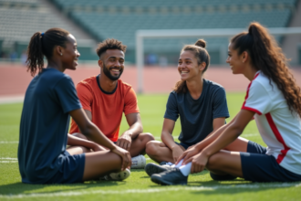 Groupe de jeunes sportifs en plein air après un match