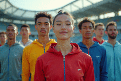 Groupe d'athletes divers dans un stade moderne en équipe