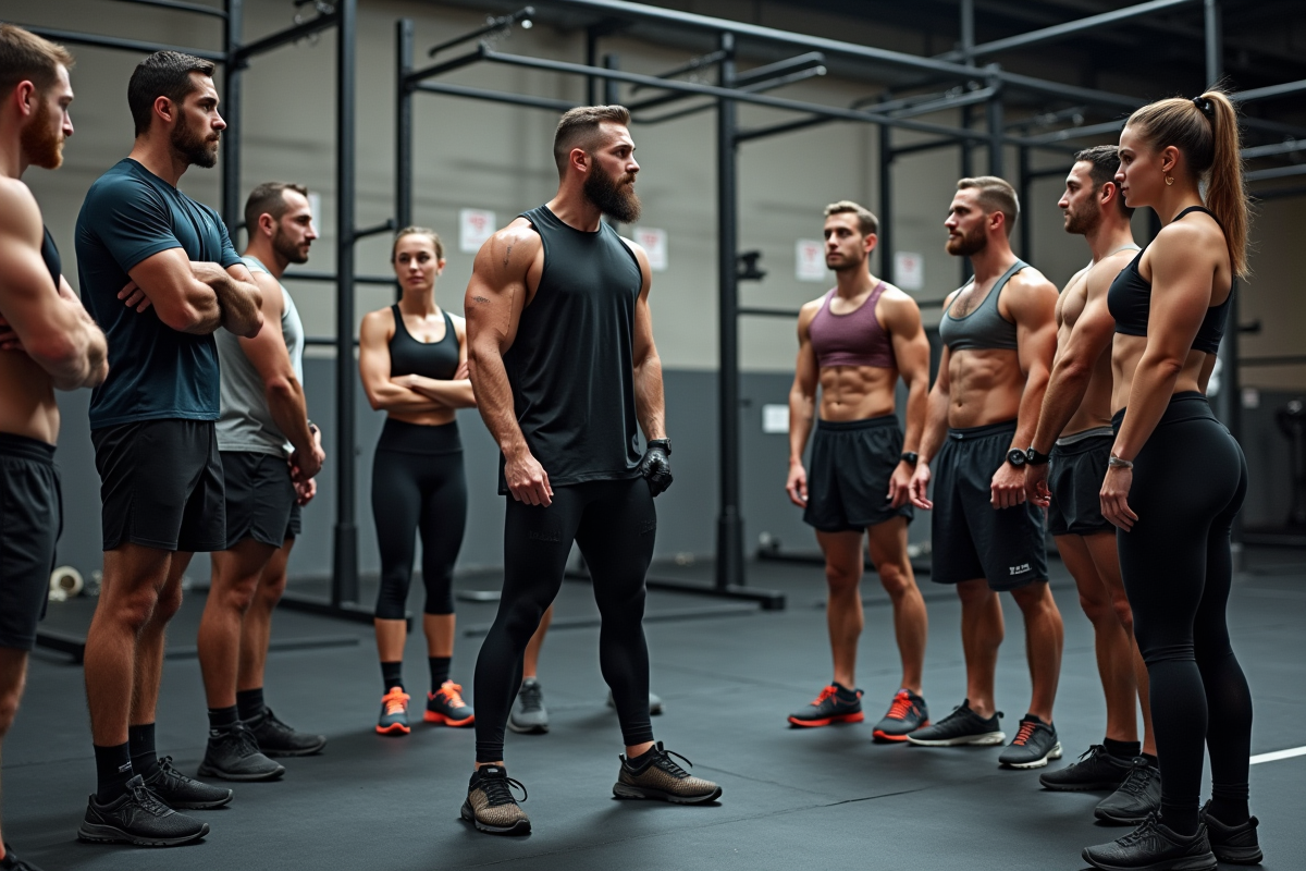 Groupe de sportifs en entraînement dans une salle de CrossFit