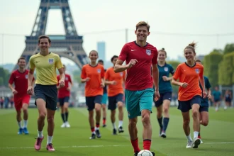 Jeunes jouant au football dans un parc parisien avec Tour Eiffel en arrière-plan