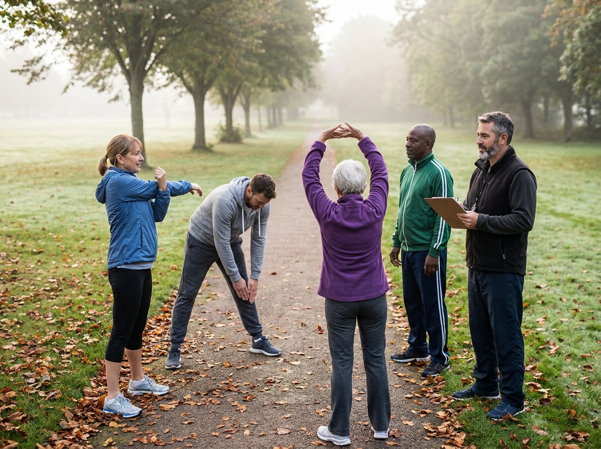 Groupe d'adultes en séance collective de remise en forme progressive encadrée par un coach en plein air