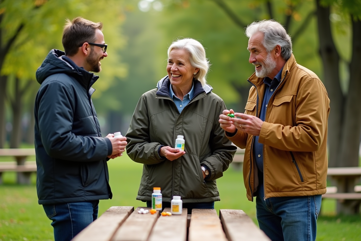 Groupe d adultes discute avec suppléments dans un parc