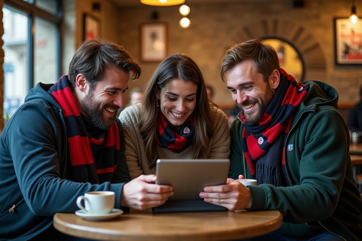 Groupe de supporters de l'ASM Clermont découvrant ensemble le site CyberVulcans sur une tablette dans un café français